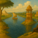 Oil painting of a river shaping human settlements, showing agriculture, transport, and cultural life along the riverbanks, without any text overlay.
