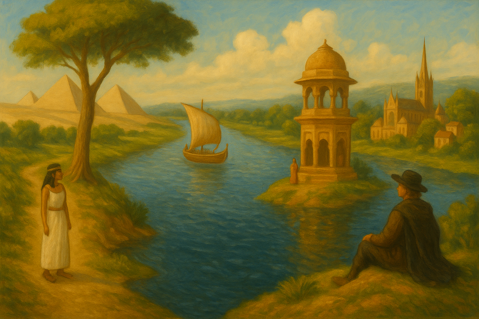 Oil painting of a river shaping human settlements, showing agriculture, transport, and cultural life along the riverbanks, without any text overlay.
