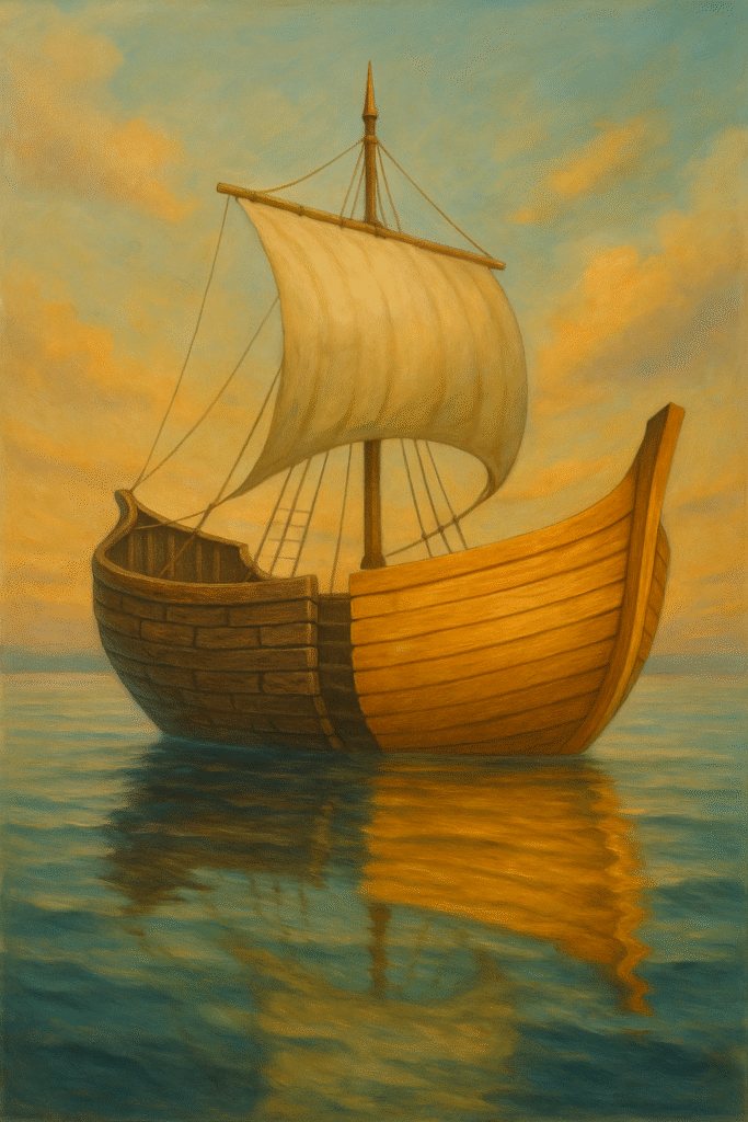 "Oil painting of the Ship of Theseus illustrating the identity paradox"