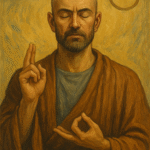 Oil painting of a bald man with a beard wearing a brown robe, eyes closed in deep meditation, holding symbolic hand gestures with a soft golden background, a cloud, and a minimal circular symbol.