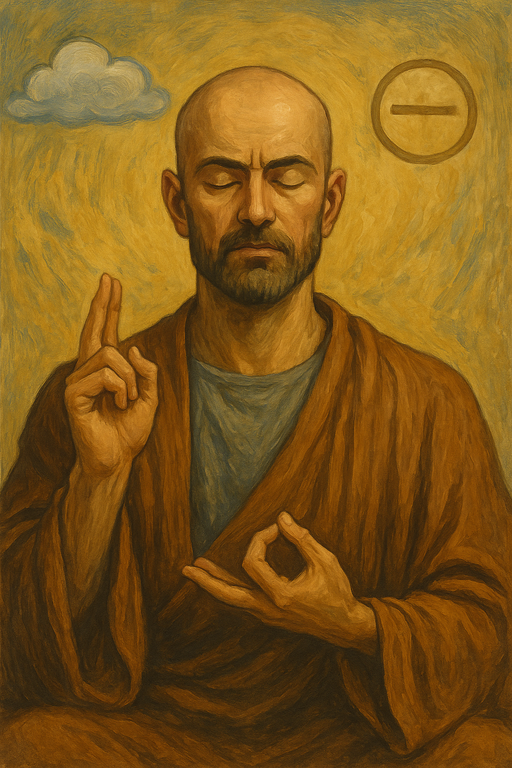 Oil painting of a bald man with a beard wearing a brown robe, eyes closed in deep meditation, holding symbolic hand gestures with a soft golden background, a cloud, and a minimal circular symbol.