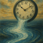 A surreal painting of a vintage pocket watch suspended over a flowing river, with water pouring from the clock face into the sea below under a golden sky.