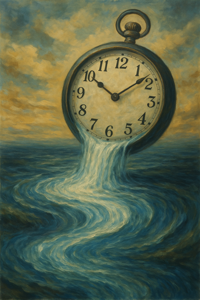 A surreal painting of a vintage pocket watch suspended over a flowing river, with water pouring from the clock face into the sea below under a golden sky.