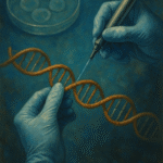 Abstract oil painting illustrating CRISPR gene editing with molecular structures and DNA strands in a symbolic, artistic form