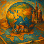 A traditional oil painting depicting symbolic architecture from Egypt, Turkey, and Russia surrounding a stylized globe and map, representing transcontinental nations and their cultural convergence.
