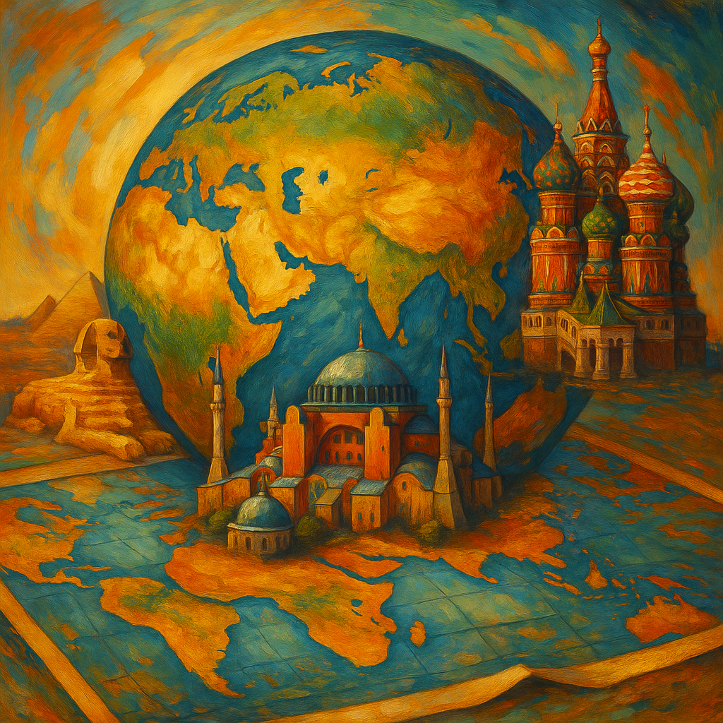 A traditional oil painting depicting symbolic architecture from Egypt, Turkey, and Russia surrounding a stylized globe and map, representing transcontinental nations and their cultural convergence.
