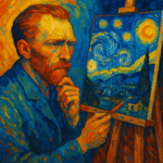 "Van Gogh in blue and orange tones painting The Starry Night in expressive Post-Impressionist style"