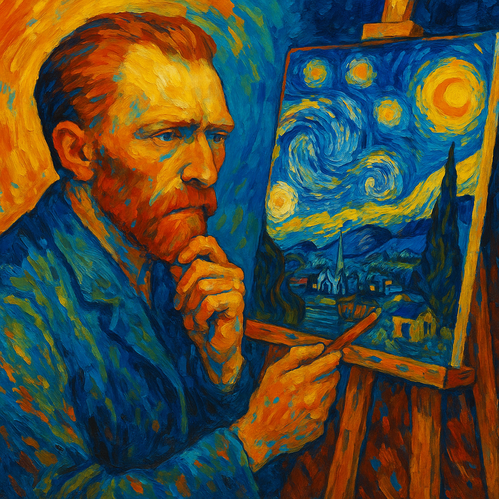 "Van Gogh in blue and orange tones painting The Starry Night in expressive Post-Impressionist style"