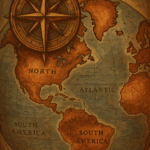 "Vintage-style illustration of a world map featuring alternate directional orientations, cultural symbols, and artistic cartographic elements."