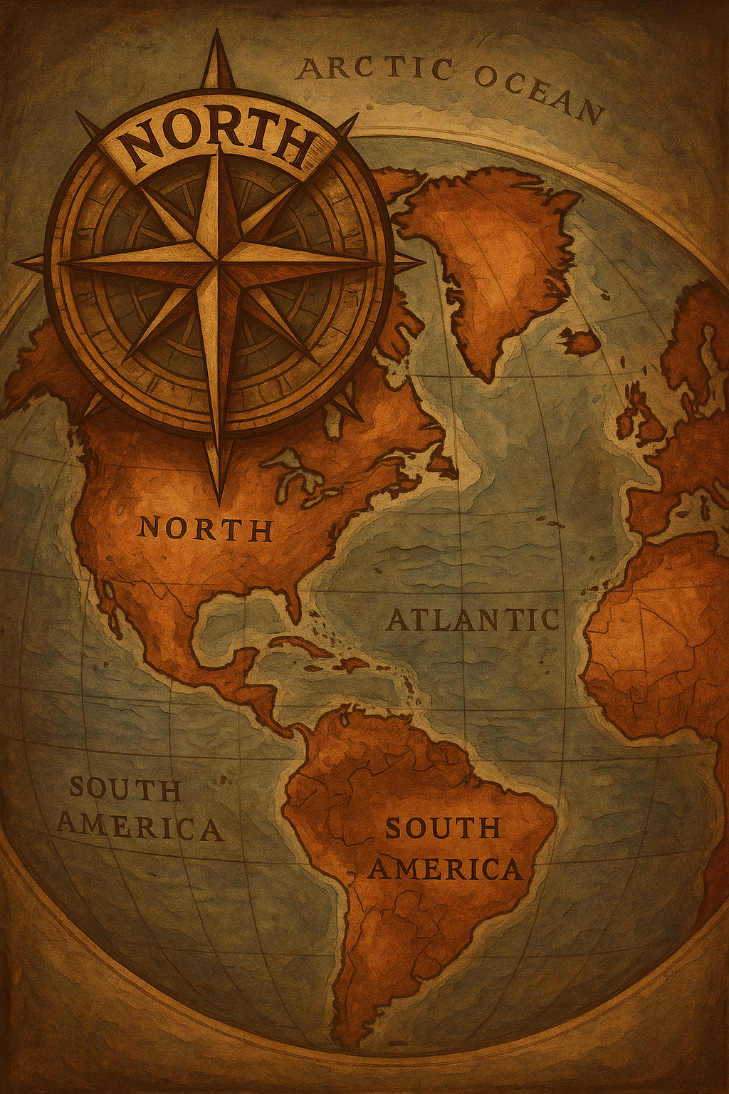 "Vintage-style illustration of a world map featuring alternate directional orientations, cultural symbols, and artistic cartographic elements."