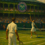 Oil painting of Wimbledon tennis scene reflecting British heritage, spectators in traditional attire, and a grass court under classic summer light.