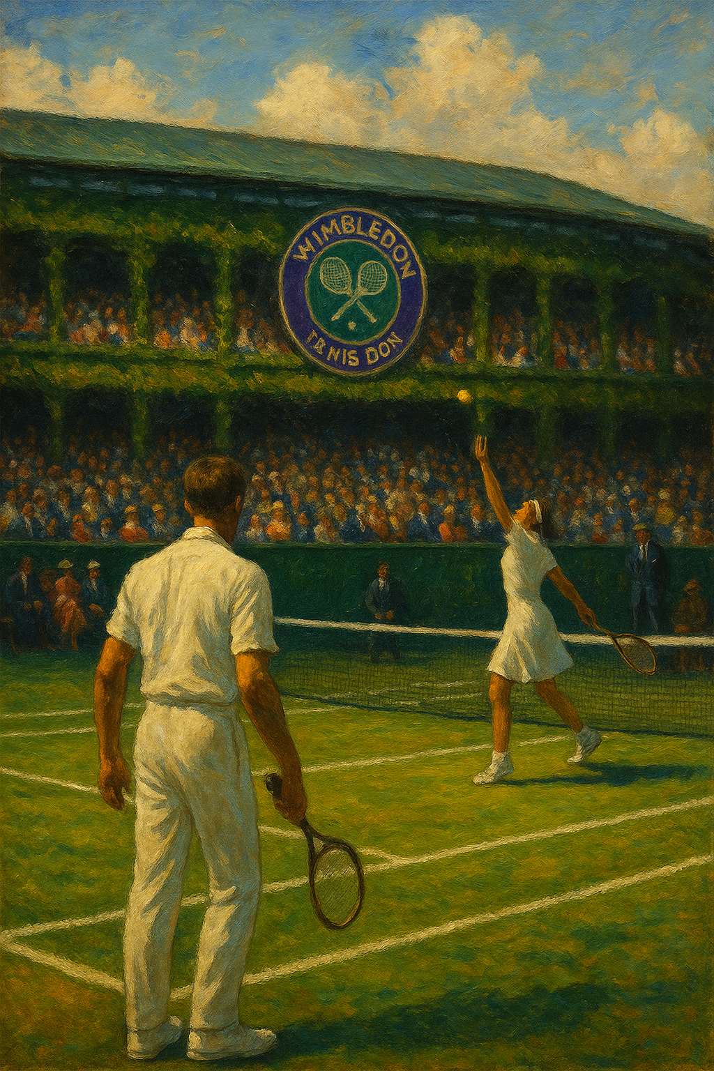 Oil painting of Wimbledon tennis scene reflecting British heritage, spectators in traditional attire, and a grass court under classic summer light.