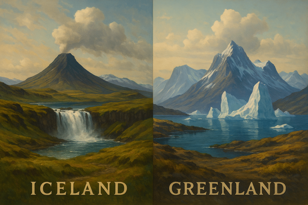 Split landscape showing contrasting terrains of Iceland’s volcanic scenery and Greenland’s icy wilderness