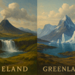 Split landscape showing contrasting terrains of Iceland’s volcanic scenery and Greenland’s icy wilderness