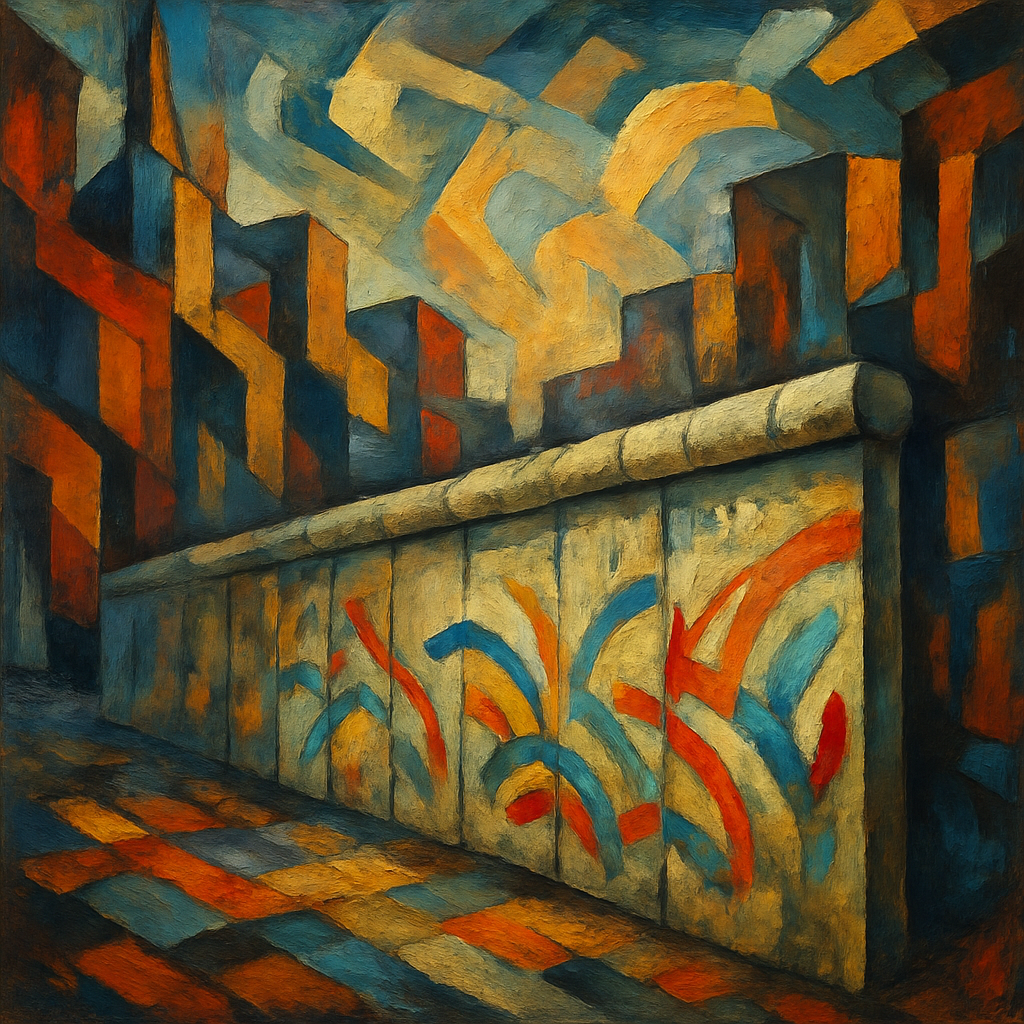 Abstract painting in oil depicting the symbolic fall of the Berlin Wall with broken forms, rising human shapes, and a shift from darkness to light.