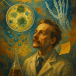 Artistic oil painting of a scientist surrounded by symbols of serendipitous scientific discoveries such as X-ray, Petri dish, Post-it note, and molecular structures, evoking the power of unexpected breakthroughs in science.