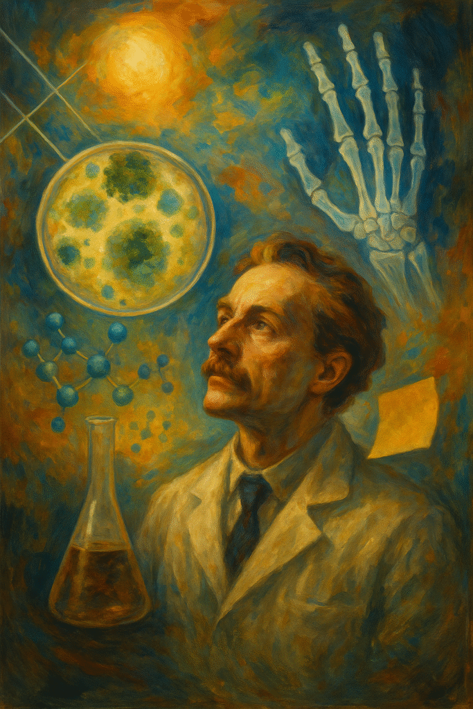 Artistic oil painting of a scientist surrounded by symbols of serendipitous scientific discoveries such as X-ray, Petri dish, Post-it note, and molecular structures, evoking the power of unexpected breakthroughs in science.
