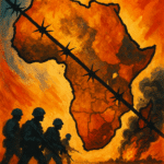 Digital illustration of Africa’s colonial borders, highlighting fragmented regions and modern conflict zones