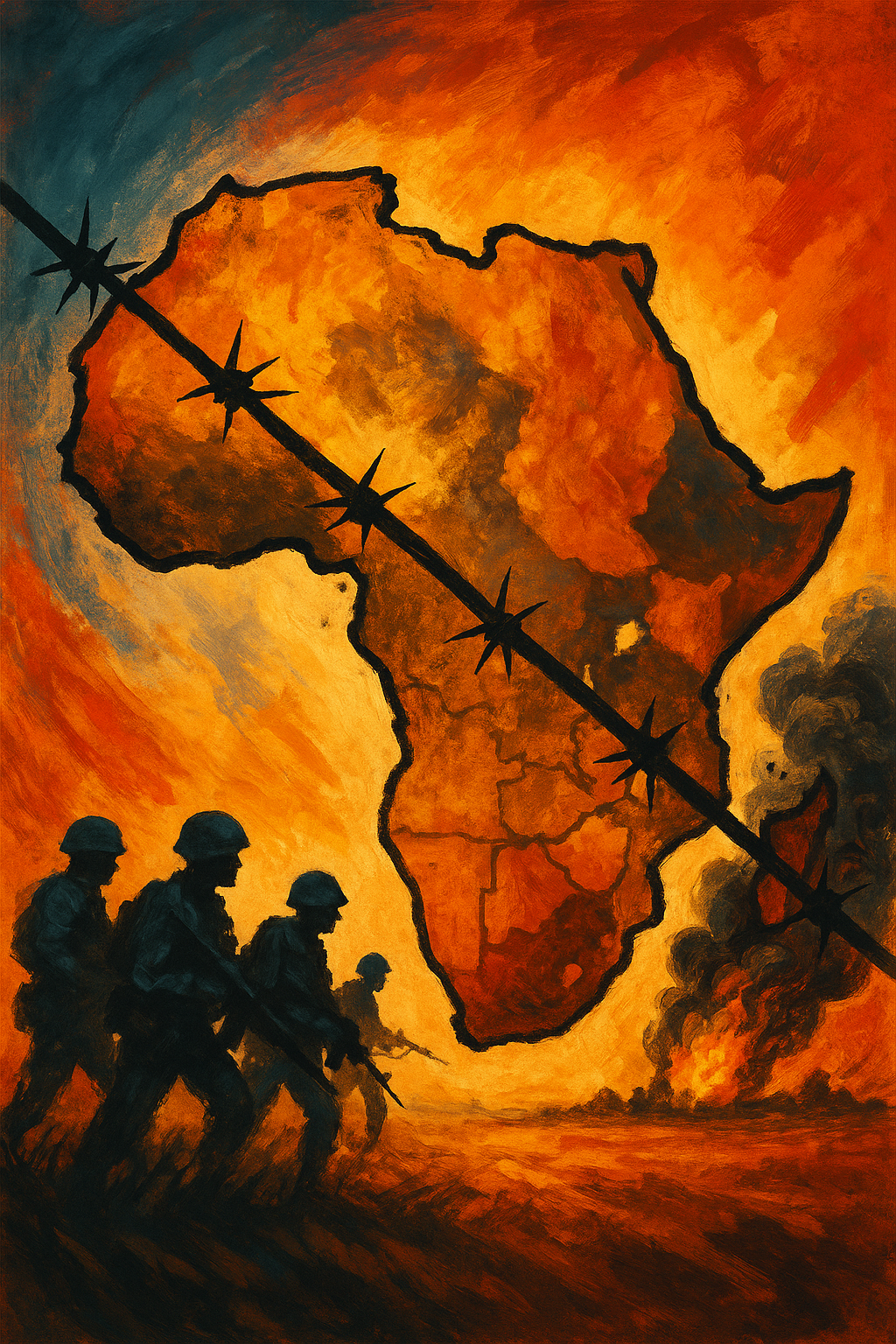 Digital illustration of Africa’s colonial borders, highlighting fragmented regions and modern conflict zones