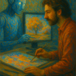 A surreal oil painting of a faceless digital artist surrounded by vibrant holographic shapes, representing the fusion of artificial intelligence and human creativity in the future of art.