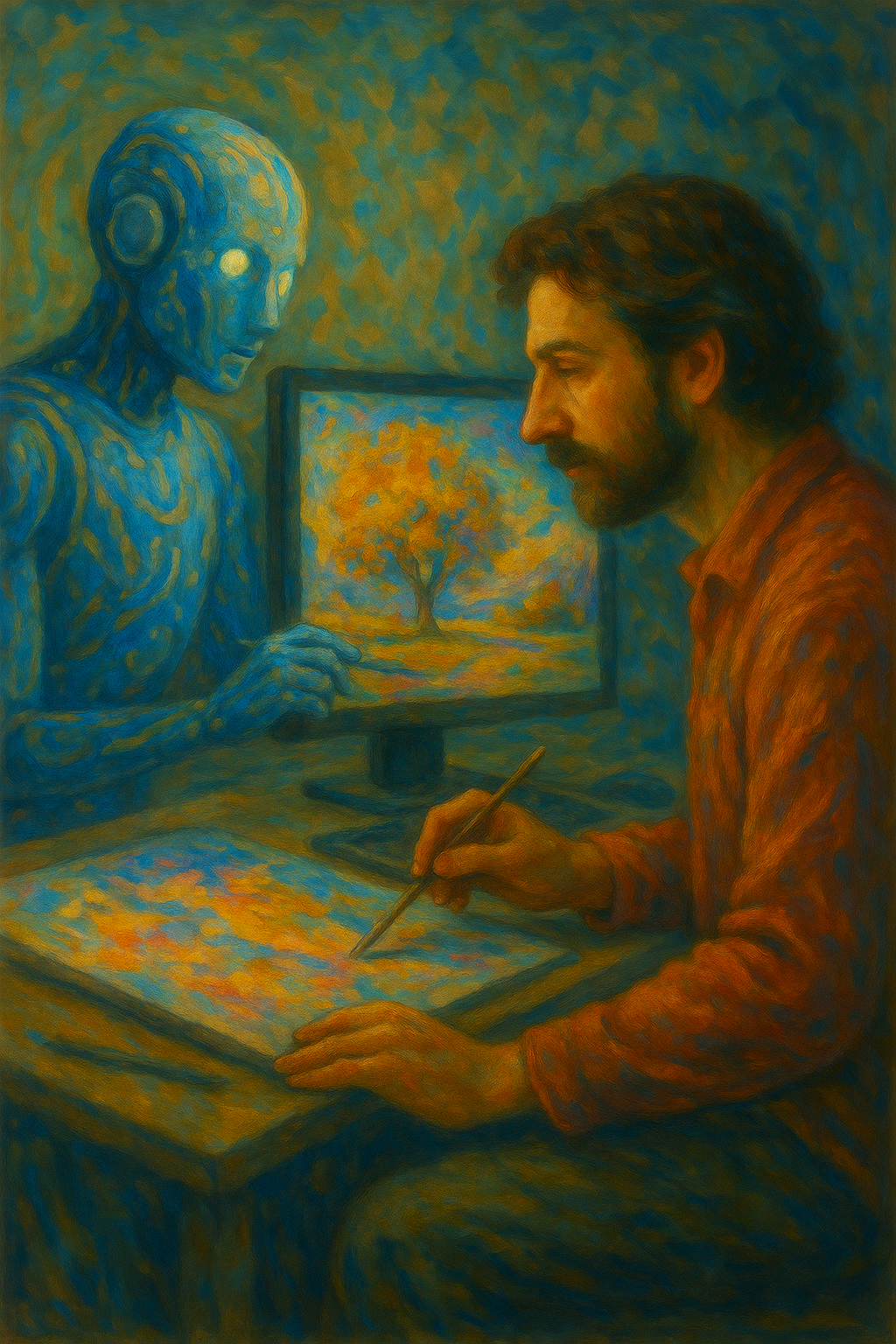 A surreal oil painting of a faceless digital artist surrounded by vibrant holographic shapes, representing the fusion of artificial intelligence and human creativity in the future of art.