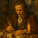 A realistic oil painting depicting an American Revolutionary spy revealing a hidden message with secret ink by candlelight, surrounded by historical documents and coded letters.