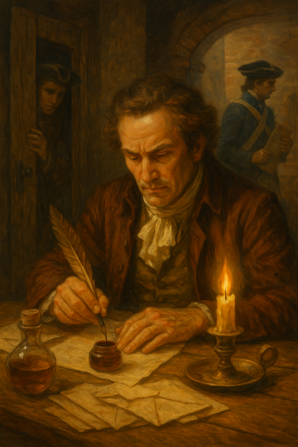 A realistic oil painting depicting an American Revolutionary spy revealing a hidden message with secret ink by candlelight, surrounded by historical documents and coded letters.