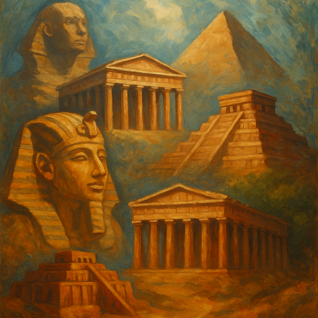 A vibrant artistic depiction of forgotten ancient civilizations, featuring Egyptian pyramids, Mesopotamian ziggurats, and Mayan temples blending together across a stylized historical landscape.