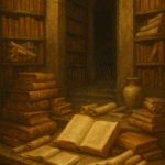 Vertical oil painting showing an ancient library interior with stone arches, shelves full of scrolls and books, and an open manuscript on a cluttered table in warm, golden tones.