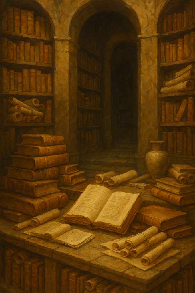 Vertical oil painting showing an ancient library interior with stone arches, shelves full of scrolls and books, and an open manuscript on a cluttered table in warm, golden tones.