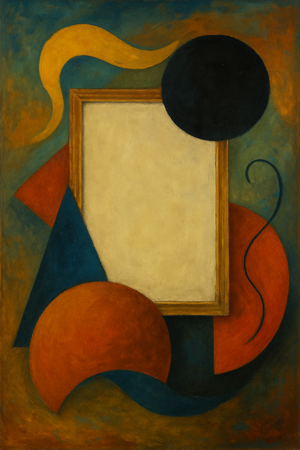 A traditional oil painting depicting a contemplative figure surrounded by abstract colors and forms, symbolizing the subjective nature of meaning in art.