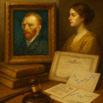 Realistic oil painting featuring a framed portrait of Van Gogh, a classical female figure, antique books, a judge’s gavel, market graphs, and valuation documents—symbolizing art appraisal, auction dynamics, and investment analysis.