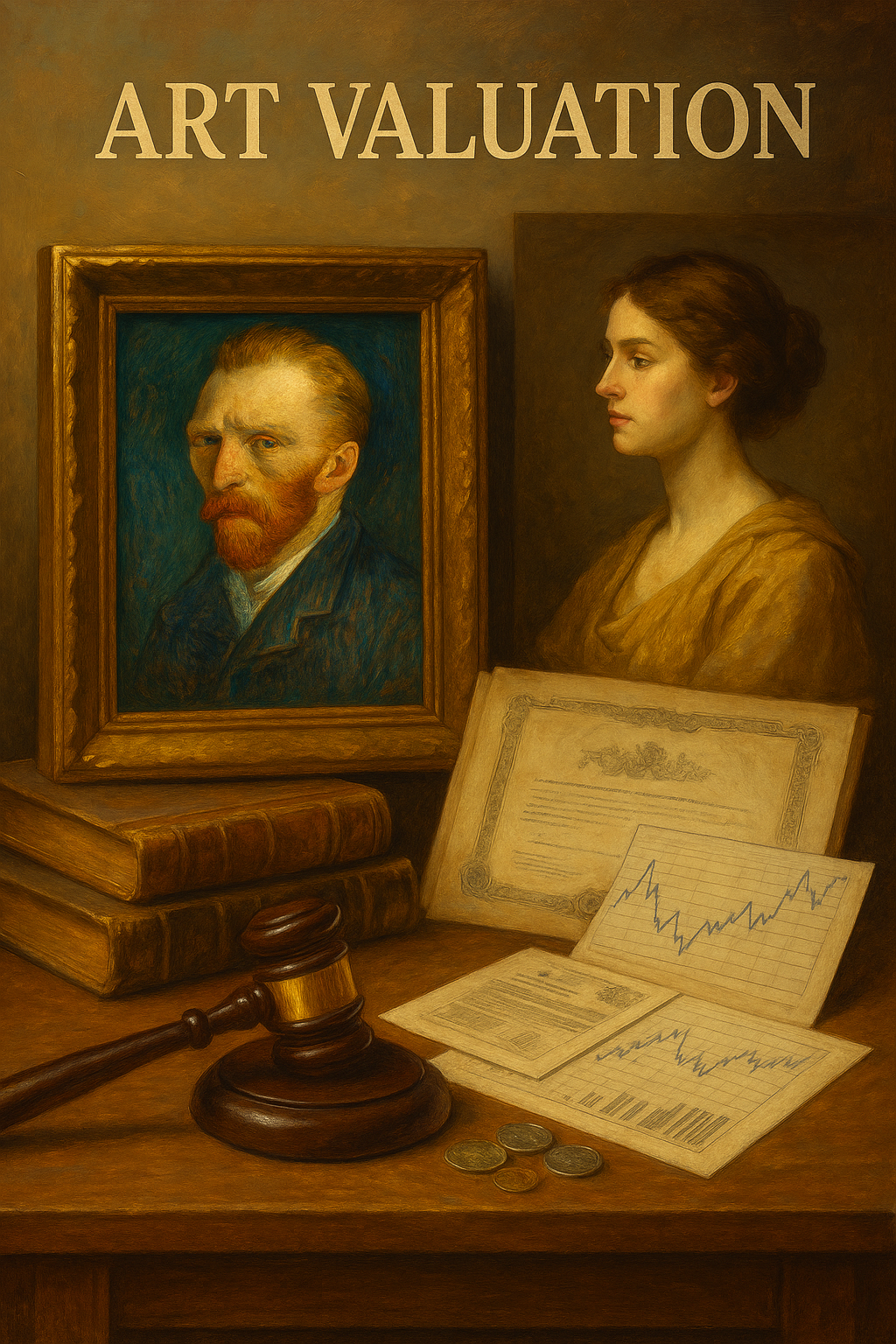 Realistic oil painting featuring a framed portrait of Van Gogh, a classical female figure, antique books, a judge’s gavel, market graphs, and valuation documents—symbolizing art appraisal, auction dynamics, and investment analysis.