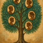"Artistic family tree painting showing interconnected generations with natural branches and human figures"