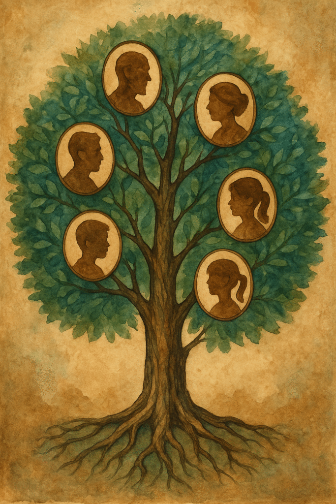 "Artistic family tree painting showing interconnected generations with natural branches and human figures"