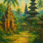 Oil painting of a Balinese temple complex with tall palm trees, red stone gates, and multi-tiered shrines, set in lush jungle under a blue and golden sky—capturing Bali’s spiritual and emotional ambiance.