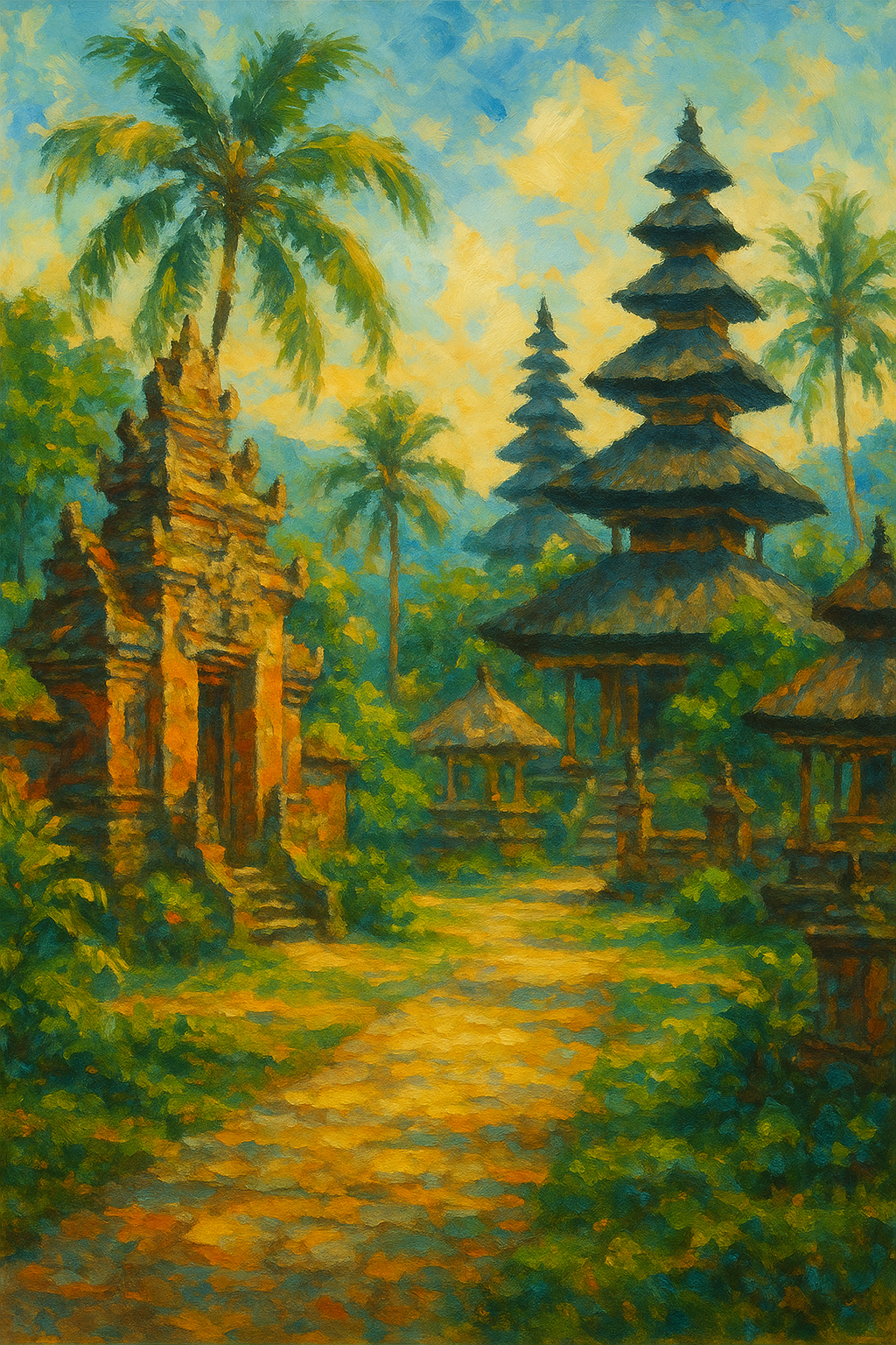 Oil painting of a Balinese temple complex with tall palm trees, red stone gates, and multi-tiered shrines, set in lush jungle under a blue and golden sky—capturing Bali’s spiritual and emotional ambiance.