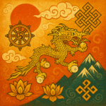 "Artistic digital illustration blending traditional Bhutanese symbols, dragons, and cultural motifs to represent Bhutan's historic name changes and evolving national identity."