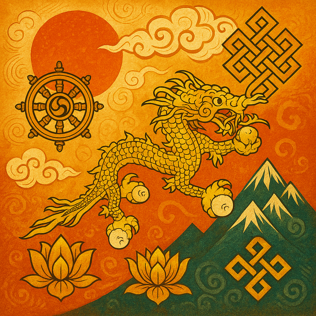 "Artistic digital illustration blending traditional Bhutanese symbols, dragons, and cultural motifs to represent Bhutan's historic name changes and evolving national identity."