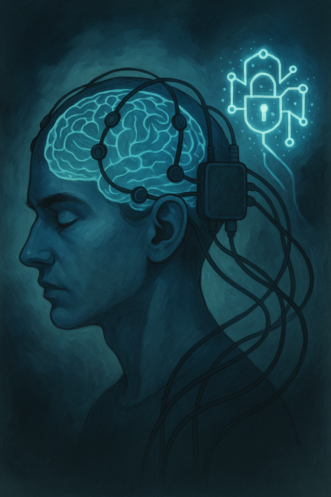 Surreal illustration of brain-computer interface symbolizing thought privacy and neural technology