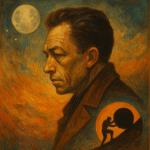 "Symbolic oil painting inspired by Albert Camus' absurdism, featuring abstract elements like a man pushing a boulder uphill, surreal landscapes, and existential motifs"