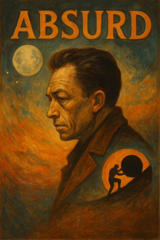 "Symbolic oil painting inspired by Albert Camus' absurdism, featuring abstract elements like a man pushing a boulder uphill, surreal landscapes, and existential motifs"