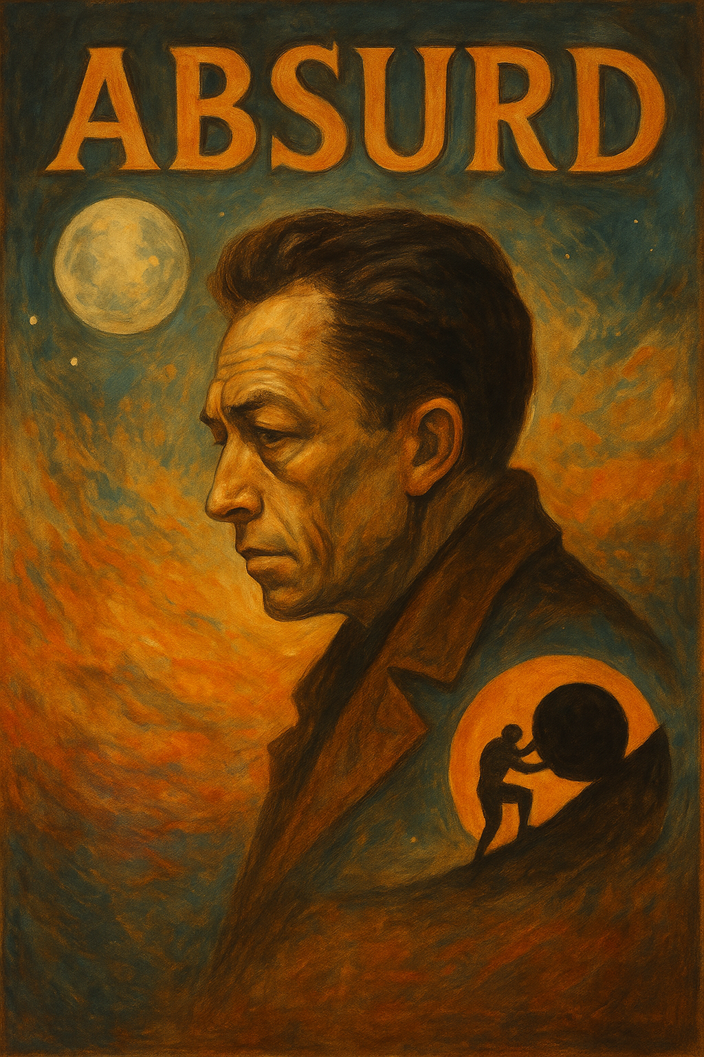 "Symbolic oil painting inspired by Albert Camus' absurdism, featuring abstract elements like a man pushing a boulder uphill, surreal landscapes, and existential motifs"