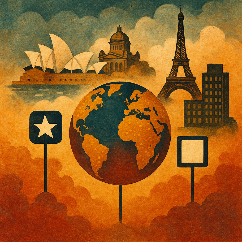 Artistic world map showing Earth surrounded by iconic landmarks like the Eiffel Tower, Sydney Opera House, and a capitol building, symbolizing the concept of capital cities not being the largest cities.