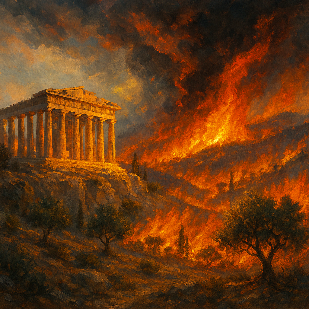 Painting of ancient Greek ruins engulfed in wildfire smoke symbolizing the impact of climate change