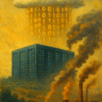 Artistic painting showing cloud technology’s environmental impact with a data center and damaged nature.