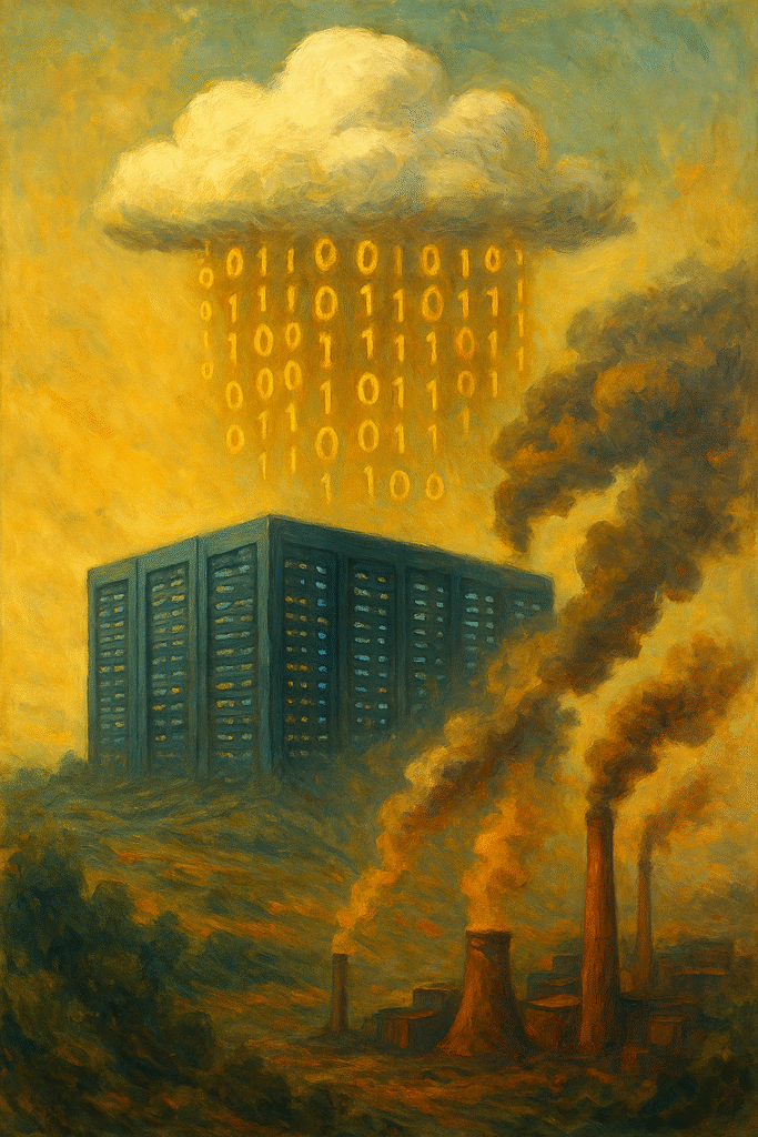 Artistic painting showing cloud technology’s environmental impact with a data center and damaged nature.