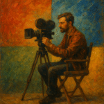 Oil painting of a filmmaker using a vintage camera, surrounded by four colorful quadrants (red, blue, green, yellow), symbolizing emotional color theory in film.