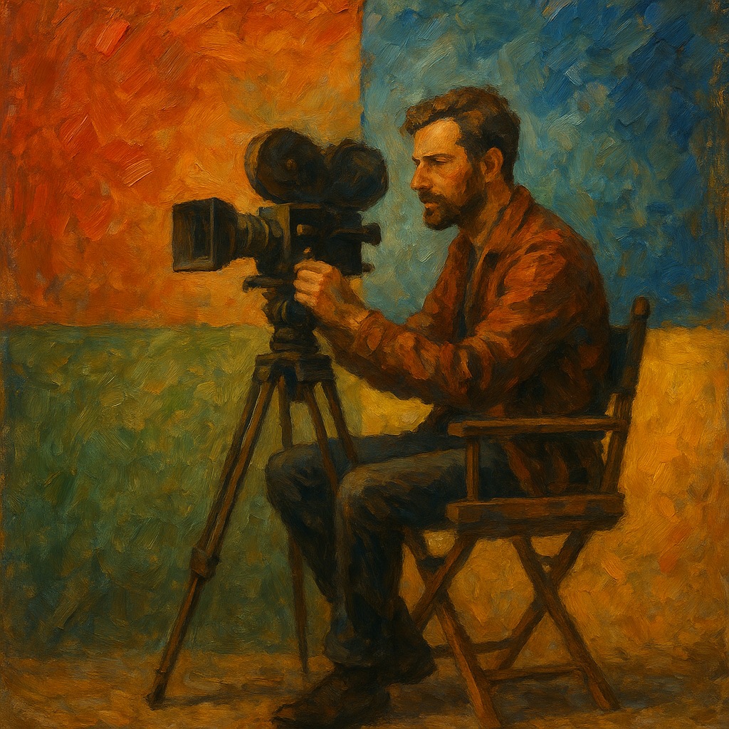 Oil painting of a filmmaker using a vintage camera, surrounded by four colorful quadrants (red, blue, green, yellow), symbolizing emotional color theory in film.