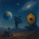 Oil painting of an Earth-like planet, a large radio telescope, a Mars rover, and the James Webb Space Telescope under a star-filled sky, symbolizing the search for extraterrestrial life.